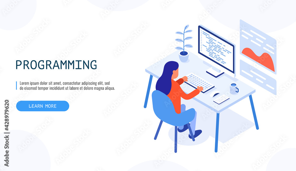 Poster programmer at work. woman working on desktop computer. programming concept. isometric web banner, in