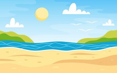 Fototapeta na wymiar Beach landscape. Sea background. Colorful summer design. Blank for postcards and banners. Vector illustration in flat style