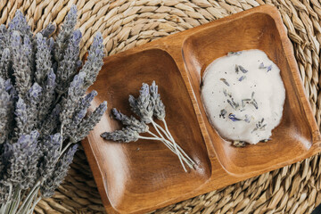 Natural lavender scrub. Top view skin care, eco-friendly with fresh scent. Rustic style.