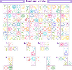  Logic game for children. Development of attention, thinking. Find and circle the fragments shown below