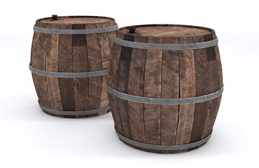 Fototapeta premium Wooden wine barrels on a white background. 3D render