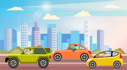 Automobiles on background of background of cityscape. Transport drive on asphalt road with markings