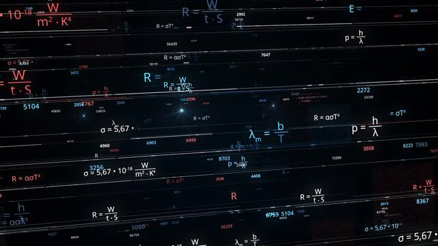 Abstract complex and simple theoretical formulas written automatically by self educated artificial intelligence AI. Animation. Concept of technical sciences and studies.