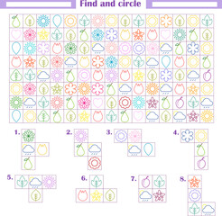  Logic game for children. Development of attention, thinking. Find and circle the fragments shown below