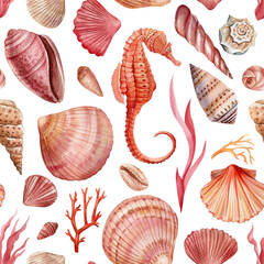 Seashells on an isolated background. Watercolor illustration, seamless pattern