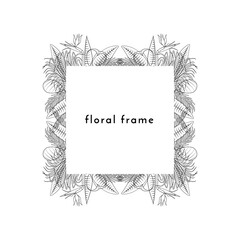 Black and white line art tropical leaves and flowers floral symmetrical frame. Stock vector illustration.