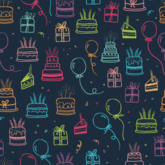 Cute doodle cakes seamless pattern, fun party background, great for Birthday Party, textiles, banners, wallpapers, wrapper - vector design