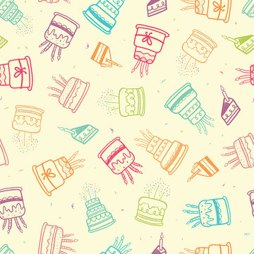 Cute doodle cakes seamless pattern, fun party background, great for Birthday Party, textiles, banners, wallpapers, wrapper - vector design