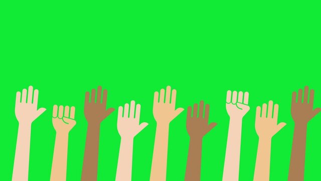 4K animation of various races raising their hands . Green background for chroma key use.