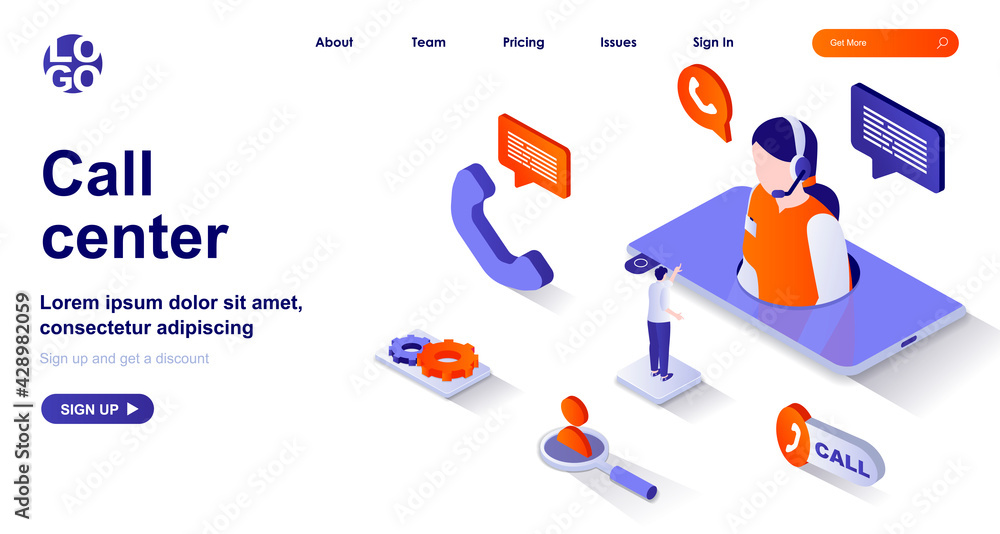 Poster call center isometric landing page. customer support isometry concept. hotline operator in headset c