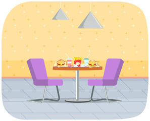 Fast food establishment. Restaurant or cafe interior design. Table with junk food and cocktails