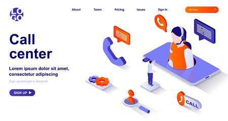 Call center isometric landing page. Customer support isometry concept. Hotline operator in headset consults client in chat 3d web banner. Vector illustration with people characters in flat design