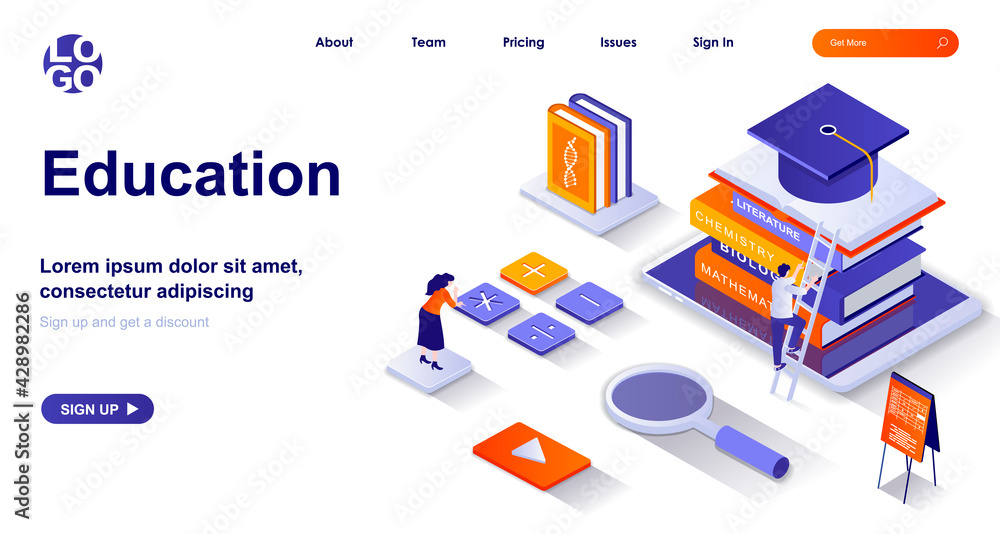Aufkleber education isometric landing page. studying at school or university isometry concept. learning, train