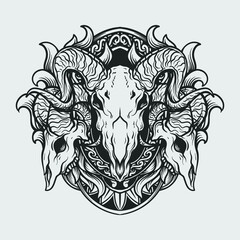 tattoo and t shirt design black and white hand drawn goat skull engraving ornament