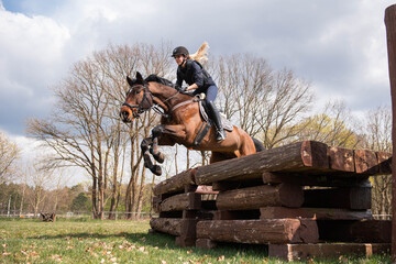 Reiterin springt auf einer Gel&auml;ndestrecke &uuml;ber eine Ecke aus Holz