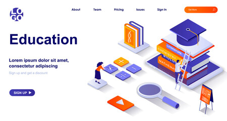 Education isometric landing page. Studying at school or university isometry concept. Learning, training courses, graduation 3d web banner. Vector illustration with people characters in flat design