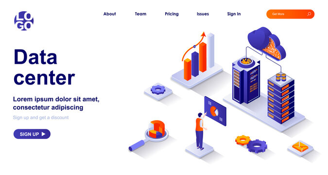 Data center isometric landing page. Operation engineer works in server racks room isometry concept. Hardware datum storage 3d web banner. Vector illustration with people characters in flat design