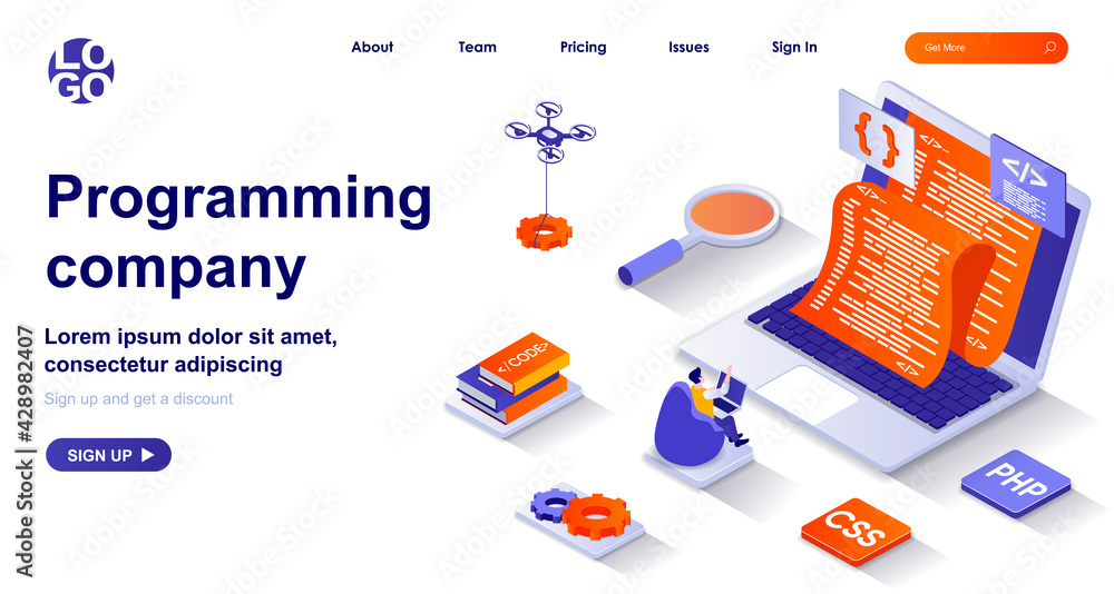 Aufkleber Programming company isometric landing page. Development of programs and app isometry concept. Programmer coding, testing code 3d web banner. Vector illustration with people characters in flat design