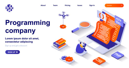 Programming company isometric landing page. Development of programs and app isometry concept. Programmer coding, testing code 3d web banner. Vector illustration with people characters in flat design