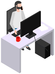 Employee works on computer. Man talking on phone at work. Furnishing and items in workplace