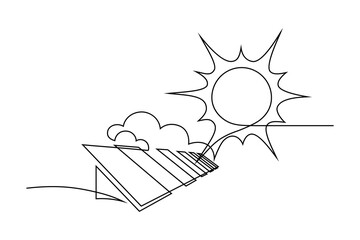 Solar energy in continuous line art drawing style. Solar panels facing the Sun to collect heat by absorbing sunlight. Black linear design isolated on white background. Vector illustration