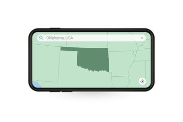 Searching map of Oklahoma in Smartphone map application. Map of Oklahoma in Cell Phone.