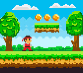 Pixel-game ninja male brave character. Pixelated natural landscape with warrior near golden coins © robu_s