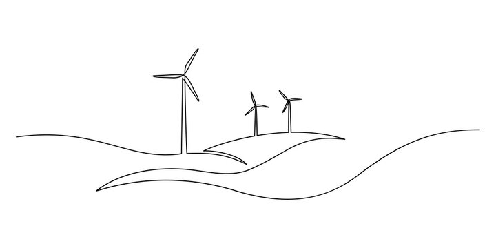 Wind energy in continuous line art drawing style. Hilly landscape with wind turbines producing electricity. Renewable source of power. Black linear design isolated on white background