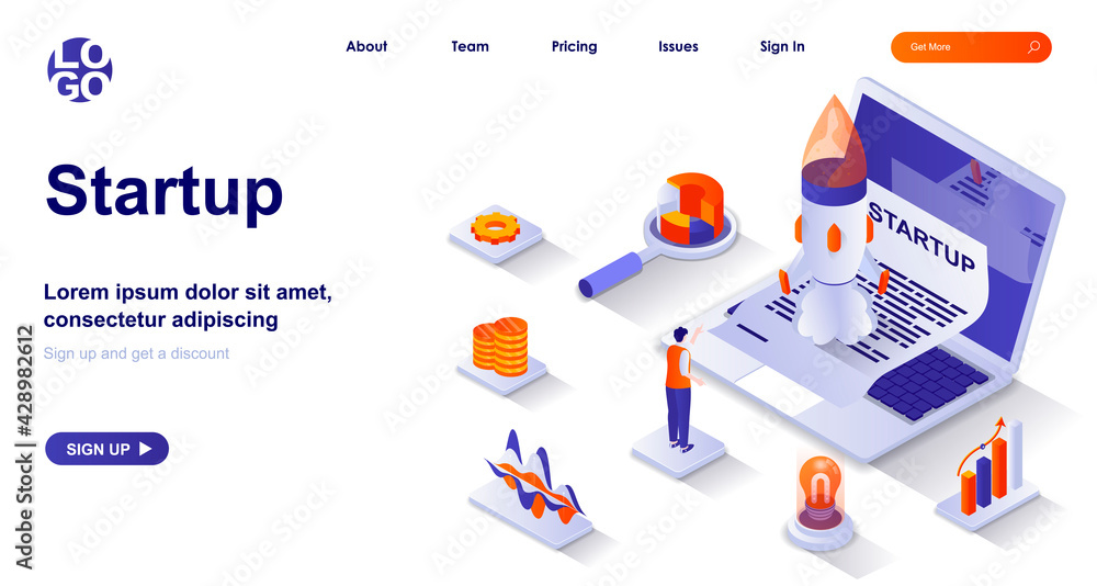 Poster startup isometric landing page. launching new business project isometry concept. development strateg