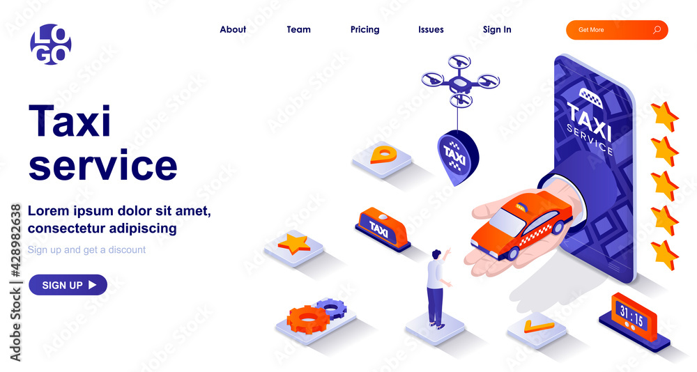 Poster taxi service isometric landing page. passenger transportation mobile app isometry concept. booking c