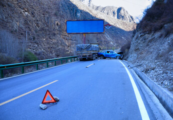 Accident pickup truck on mountain road in tibet,China