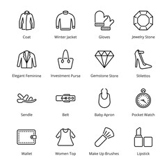 Clothes and Accessories Outline Icons - Stroked, Vectors