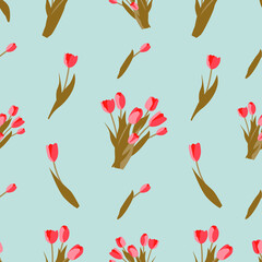 Spring seamless pattern with tulips on a blue background. Vector  floral background for invitation or greeting card.