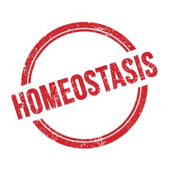 HOMEOSTASIS text written on red grungy round stamp.