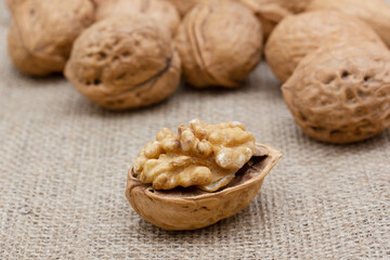 Fresh walnuts on burlap. Healthy food.