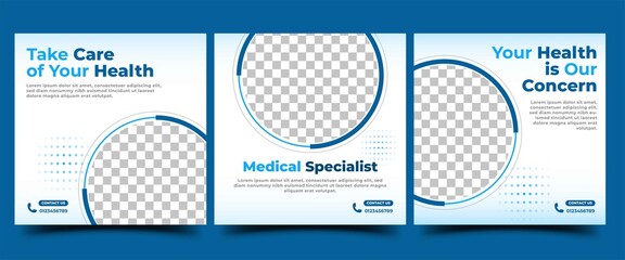 Set of Medical social media post template design. Modern banner design with blue line frame color. Usable for social media post, flyer, card, and website.