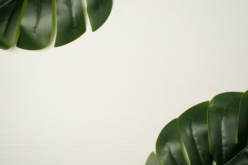 Top view photo of two green palm leaves in corners on wooden white background with copyspace