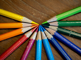Naklejka premium Selective focus. Color pencils in arrange in color wheel colors on wooden table