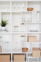Fototapeta na wymiar White open rack with glass glasses and jars. Plants and boxes. Decor of the kitchen or living room.