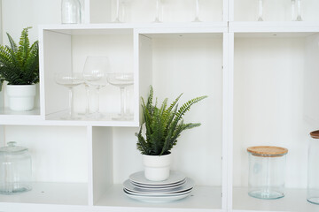 White open rack with glass glasses and jars. Plants and boxes. Decor of the kitchen or living room.