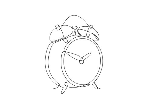 Alarm clock in continuous one line drawing style. Minimal graphic design for print, banners. Vector illustration