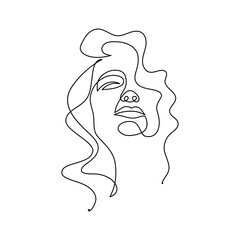 Beautiful woman face in continuous line art drawing style. Portrait of young woman with curly hair taking full breath. Minimalist black linear sketch isolated on white background. Vector illustration