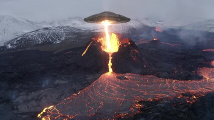 Flying Saucer over Active Volcano refueling with beam of plasma
,Real Drone footage with visual effect elements of UFO hovers over volcano in Iceland
