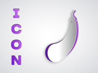 Paper cut Eggplant icon isolated on grey background. Paper art style. Vector