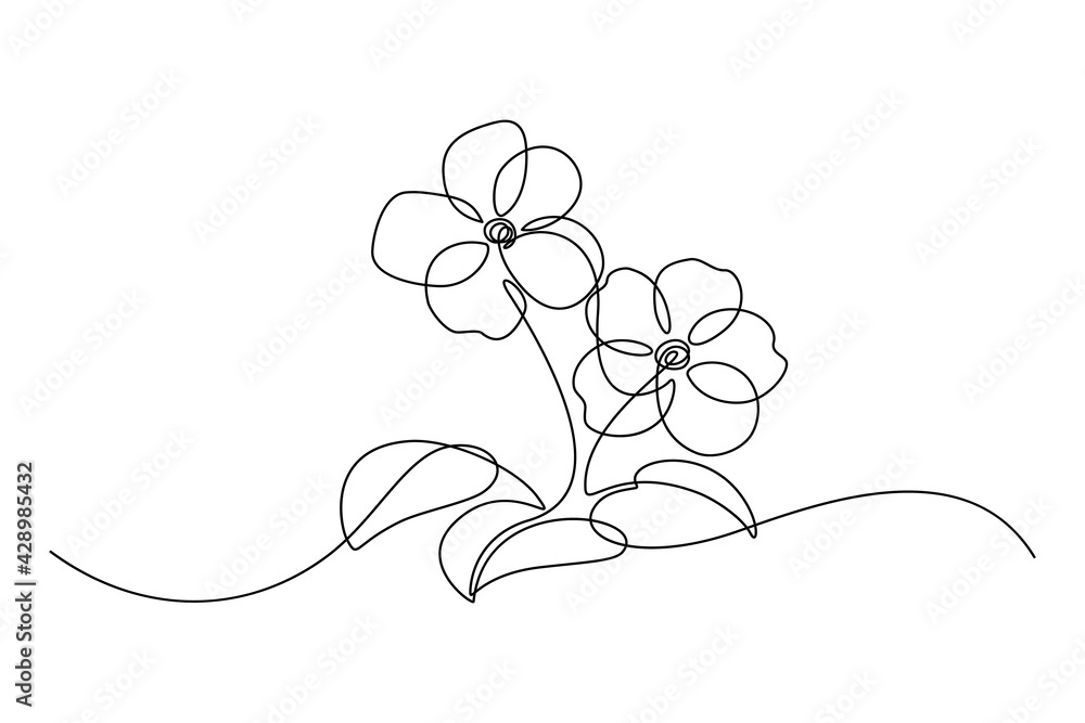 Wall mural African violet in continuous line art drawing style. Saintpaulia flowering plant black linear sketch isolated on white background. Vector illustration