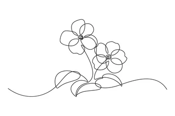 Fotobehang Een lijn Afrikaans violet in doorlopende lijntekeningstijl. Saintpaulia bloeiende plant zwarte lineaire schets geïsoleerd op een witte achtergrond. vector illustratie