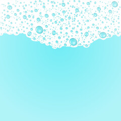 White bath foam with clear bubbles on blue background. Soap lather border pattern. Vector illustration. Template for design