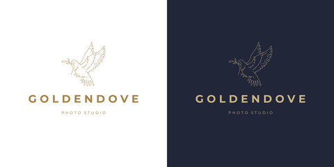 Flying pigeon with tree branch logo emblem design template vector illustration in minimal line art style