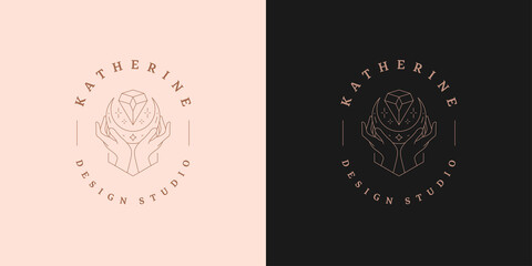 Magic hands with moon crescent logo emblem design template vector illustration in minimal line art style © provectors