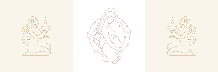 Pregant woman and fertility females with cups in boho linear style vector illustrations set.